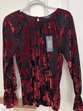 Badgley Mischka Black Top with Red Floral Velvet Burnout